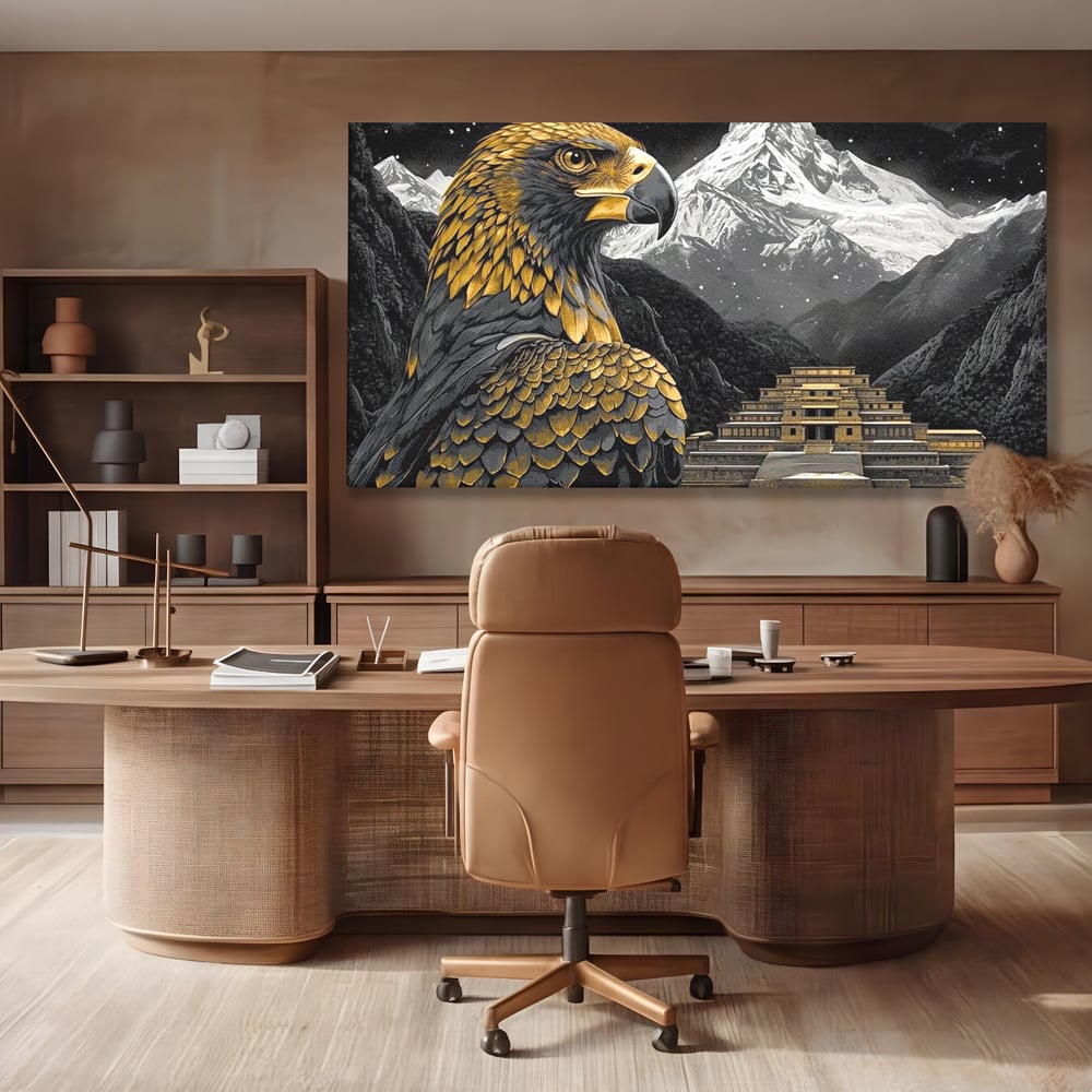 Tablou canvas cu tablou canvas cu vultur si templu aztec, fara rama, pe sasiu de lemn, pe perete intr-un birou